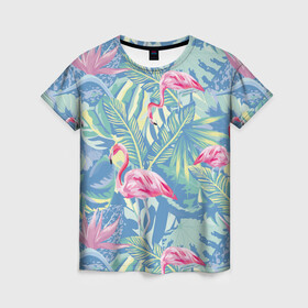 Женская футболка 3D с принтом фламинго в Кировске, 100% полиэфир ( синтетическое хлопкоподобное полотно) | прямой крой, круглый вырез горловины, длина до линии бедер | flamingo | птицы | розовый | фламинго