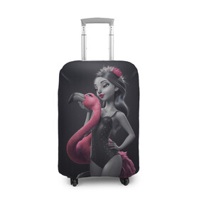 Чехол для чемодана 3D с принтом девушка с фламинго в Кировске, 86% полиэфир, 14% спандекс | двустороннее нанесение принта, прорези для ручек и колес | flamingo | птицы | розовый | фламинго