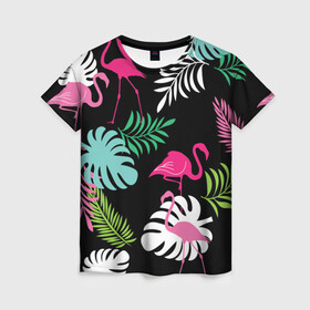 Женская футболка 3D с принтом фламинго с цветами в Кировске, 100% полиэфир ( синтетическое хлопкоподобное полотно) | прямой крой, круглый вырез горловины, длина до линии бедер | flamingo | птицы | розовый | фламинго