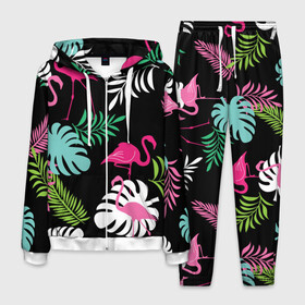 Мужской костюм 3D с принтом фламинго с цветами в Кировске, 100% полиэстер | Манжеты и пояс оформлены тканевой резинкой, двухслойный капюшон со шнурком для регулировки, карманы спереди | Тематика изображения на принте: flamingo | птицы | розовый | фламинго