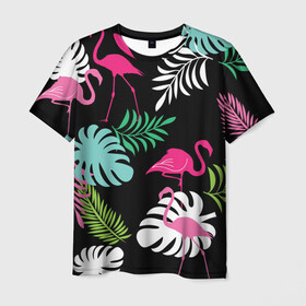 Мужская футболка 3D с принтом фламинго с цветами в Кировске, 100% полиэфир | прямой крой, круглый вырез горловины, длина до линии бедер | flamingo | птицы | розовый | фламинго