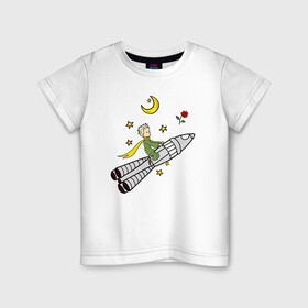 Детская футболка хлопок с принтом Маленький принц на ракете в Кировске, 100% хлопок | круглый вырез горловины, полуприлегающий силуэт, длина до линии бедер | baby | dreams | little prince | prince | rocket | space | stars | the little prince | детские | звезды | космонавт | космос | луна | маленький принц | малыш | месяц | мечты | полет | полумесяц | принц | ракета | ребенок | роза | сказки