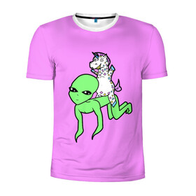 Мужская футболка 3D спортивная с принтом Инопланетянин и Единорожка в Кировске, 100% полиэстер с улучшенными характеристиками | приталенный силуэт, круглая горловина, широкие плечи, сужается к линии бедра | волшебство | единорог | забавное | инопланетянин
