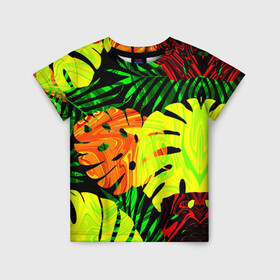 Детская футболка 3D с принтом ЛИСТЬЯ  в Кировске, 100% гипоаллергенный полиэфир | прямой крой, круглый вырез горловины, длина до линии бедер, чуть спущенное плечо, ткань немного тянется | summer | джунгли | зелень | кислотный | лесной | летний принт | лето | листья папоротника | огненный | пальмовые листья | пальмы | папоротник | свежий | стильный | тренд | тропики | тропический камуфляж
