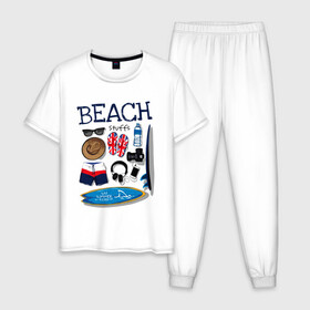 Мужская пижама хлопок с принтом Beach в Кировске, 100% хлопок | брюки и футболка прямого кроя, без карманов, на брюках мягкая резинка на поясе и по низу штанин
 | арт | графика | лето | море | пляж