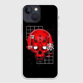 Чехол для iPhone 13 mini с принтом КРАСНЫЙ ЧЕРЕП КИБЕРПАНК в Кировске,  |  | bones | cyberpunk | geometry | oni | red skull | skull | геометрия | иероглифы | киберпанк | красный череп | они | череп