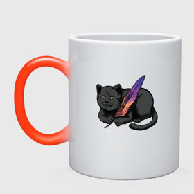 Кружка хамелеон с принтом Чёрный кот с пёрышком в Кировске, керамика | меняет цвет при нагревании, емкость 330 мл | black cat | cats | cute | feather | fluffy | kitten | kitty | playful | pussy | pussycat | британская кошка | британский кот | градиент | играет с пером | киса | котенок | кошечка | кошка | милота | перо | прикол | пус | пусси | пушистый кот 