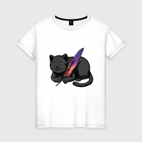 Женская футболка хлопок с принтом Чёрный кот с пёрышком в Кировске, 100% хлопок | прямой крой, круглый вырез горловины, длина до линии бедер, слегка спущенное плечо | black cat | cats | cute | feather | fluffy | kitten | kitty | playful | pussy | pussycat | британская кошка | британский кот | градиент | играет с пером | киса | котенок | кошечка | кошка | милота | перо | прикол | пус | пусси | пушистый кот 