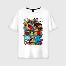 Женская футболка хлопок Oversize с принтом Doodle Monster | Дудл (Z) в Кировске, 100% хлопок | свободный крой, круглый ворот, спущенный рукав, длина до линии бедер
 | doodle | doodle monster | графи | граффити | дудл | дудлинг | дудлы монстрики | мульт | мультяшная | разноцветные монстрики