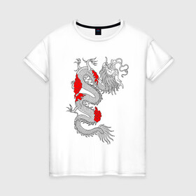 Женская футболка хлопок с принтом Японский Дракон в Кировске, 100% хлопок | прямой крой, круглый вырез горловины, длина до линии бедер, слегка спущенное плечо | akatsuki | beast | dragon | акацуки | дракон | животные | зверь | змей | когти | облако | огонь | узор | чб | японский