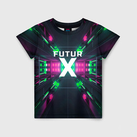Детская футболка 3D с принтом FuturX в Кировске, 100% гипоаллергенный полиэфир | прямой крой, круглый вырез горловины, длина до линии бедер, чуть спущенное плечо, ткань немного тянется | Тематика изображения на принте: будущее | киберпанк | крест | неон | технологии