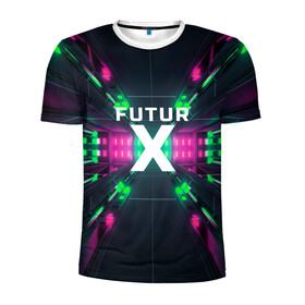 Мужская футболка 3D спортивная с принтом FuturX в Кировске, 100% полиэстер с улучшенными характеристиками | приталенный силуэт, круглая горловина, широкие плечи, сужается к линии бедра | будущее | киберпанк | крест | неон | технологии