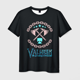 Мужская футболка 3D с принтом Valheim лого и цепи в Кировске, 100% полиэфир | прямой крой, круглый вырез горловины, длина до линии бедер | fantasy | mmo | valheim | valve | валхейм | вальхейм | викинги | выживалка | игра | королевская битва | ммо | ролевая игра | фэнтази