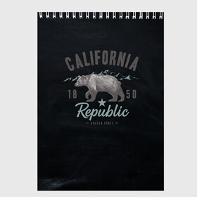 Скетчбук с принтом California republic в Кировске, 100% бумага
 | 48 листов, плотность листов — 100 г/м2, плотность картонной обложки — 250 г/м2. Листы скреплены сверху удобной пружинной спиралью | bear | california | republic | state | калифорния | медведь | республика