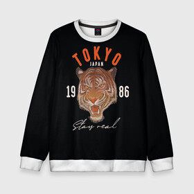 Детский свитшот 3D с принтом Tokyo Tiger Japan в Кировске, 100% полиэстер | свободная посадка, прямой крой, мягкая тканевая резинка на рукавах и понизу свитшота | Тематика изображения на принте: japan | tokyo | большая кошка | полосатый | тигр | тигрица | токио | хищник