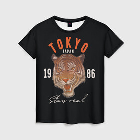Женская футболка 3D с принтом Tokyo Tiger Japan в Кировске, 100% полиэфир ( синтетическое хлопкоподобное полотно) | прямой крой, круглый вырез горловины, длина до линии бедер | japan | tokyo | большая кошка | полосатый | тигр | тигрица | токио | хищник