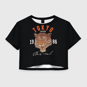 Женская футболка Crop-top 3D с принтом Tokyo Tiger Japan в Кировске, 100% полиэстер | круглая горловина, длина футболки до линии талии, рукава с отворотами | japan | tokyo | большая кошка | полосатый | тигр | тигрица | токио | хищник