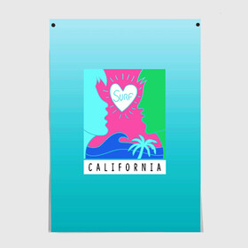 Постер с принтом CALIFORNIA SURF в Кировске, 100% бумага
 | бумага, плотность 150 мг. Матовая, но за счет высокого коэффициента гладкости имеет небольшой блеск и дает на свету блики, но в отличии от глянцевой бумаги не покрыта лаком | california | love | surf | влюбленные | закат | калифорния | любовь | море | пальма