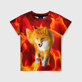 Детская футболка 3D с принтом Fire Fox в Кировске, 100% гипоаллергенный полиэфир | прямой крой, круглый вырез горловины, длина до линии бедер, чуть спущенное плечо, ткань немного тянется | animal | fire | fox | texture | битва огней | животные | лис | лиса | огонь | пламя | стихия | текстура