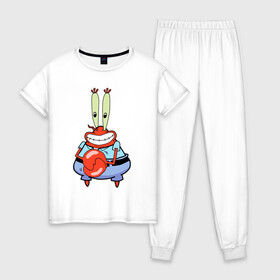 Женская пижама хлопок с принтом Мистер Крабс в Кировске, 100% хлопок | брюки и футболка прямого кроя, без карманов, на брюках мягкая резинка на поясе и по низу штанин | mister crabs | sponge bob | губка боб | мистер крабс