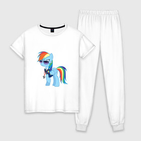 Женская пижама хлопок с принтом Pony - Rainbow Dash в Кировске, 100% хлопок | брюки и футболка прямого кроя, без карманов, на брюках мягкая резинка на поясе и по низу штанин | applejack | friendship | mylittlepony | rainbow dash | twilight sparkle | waifu | вайфу | дружба это магия | кони | моя маленькая пони | мультфильм | пони | радуга | ренбоу деш | эплджек