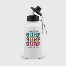 Бутылка спортивная с принтом Surf в Кировске, металл | емкость — 500 мл, в комплекте две пластиковые крышки и карабин для крепления | surf | usa | калифорния | лето | море