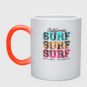 Кружка хамелеон с принтом Surf в Кировске, керамика | меняет цвет при нагревании, емкость 330 мл | Тематика изображения на принте: surf | usa | калифорния | лето | море