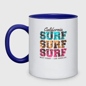 Кружка двухцветная с принтом Surf в Кировске, керамика | объем — 330 мл, диаметр — 80 мм. Цветная ручка и кайма сверху, в некоторых цветах — вся внутренняя часть | surf | usa | калифорния | лето | море