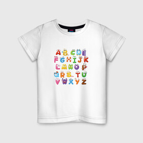 Детская футболка хлопок с принтом Английский Алфавит в Кировске, 100% хлопок | круглый вырез горловины, полуприлегающий силуэт, длина до линии бедер | алфавит | английский алфавит | буквы | буквы с глазами | красочные буквы | персонажи