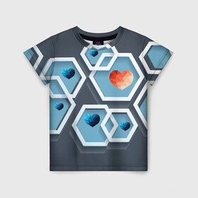 Детская футболка 3D с принтом hot heart в Кировске, 100% гипоаллергенный полиэфир | прямой крой, круглый вырез горловины, длина до линии бедер, чуть спущенное плечо, ткань немного тянется | авторские коллекции | геометрия | сердце | фигуры | шестиугольник