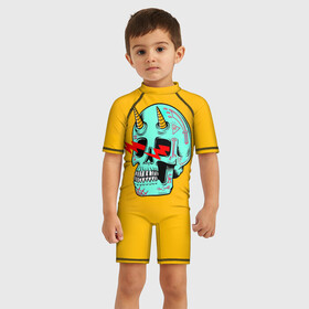 Детский купальный костюм 3D с принтом Черепок в Кировске, Полиэстер 85%, Спандекс 15% | застежка на молнии на спине | граффити | кости | молнии | рога | рожки | скелет | тату | череп | черепок | черепушка