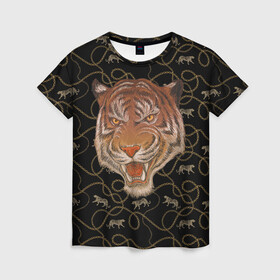 Женская футболка 3D с принтом Морда тигра в Кировске, 100% полиэфир ( синтетическое хлопкоподобное полотно) | прямой крой, круглый вырез горловины, длина до линии бедер | большая кошка | полосатый | тигр | тигрица | хищник