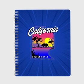 Тетрадь с принтом California golden coast в Кировске, 100% бумага | 48 листов, плотность листов — 60 г/м2, плотность картонной обложки — 250 г/м2. Листы скреплены сбоку удобной пружинной спиралью. Уголки страниц и обложки скругленные. Цвет линий — светло-серый
 | california | golden coast | гризли | закат | калифорния | медведь | пальмы | природа