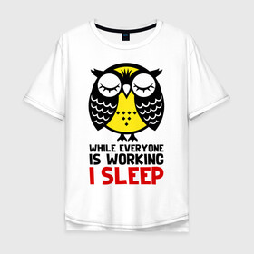 Мужская футболка хлопок Oversize с принтом Сова. Сплю, когда ты на работе в Кировске, 100% хлопок | свободный крой, круглый ворот, “спинка” длиннее передней части | owl | owls | сова | совушка | совы | филин | фраза | юмор