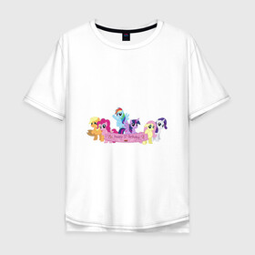 Мужская футболка хлопок Oversize с принтом My Little Pony Happy Birthday в Кировске, 100% хлопок | свободный крой, круглый ворот, “спинка” длиннее передней части | applejack | friendship | mylittlepony | rainbow dash | twilight sparkle | waifu | вайфу | дружба это магия | друзья | кони | моя маленькая пони | мультфильм | пони | радуга | ренбоу деш | эплджек