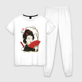 Женская пижама хлопок с принтом Японская Гейша Винтажный арт в Кировске, 100% хлопок | брюки и футболка прямого кроя, без карманов, на брюках мягкая резинка на поясе и по низу штанин | art | geisha | girl | illustration | japan | japanese | kanji | kano | makeup | ukiyo e | арт | гравюра | девушка | иероглифы | иллюстрация | искусство | кандзи | картина | кимоно | макияж | мейкап | рисунок | укиё э | школа кано | я