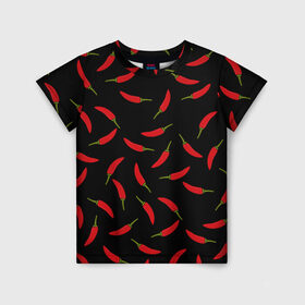 Детская футболка 3D с принтом Chili peppers в Кировске, 100% гипоаллергенный полиэфир | прямой крой, круглый вырез горловины, длина до линии бедер, чуть спущенное плечо, ткань немного тянется | Тематика изображения на принте: chili peppers | горячий | еда | овощ | острый | перец чили | узор