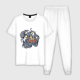 Мужская пижама хлопок с принтом Японский Кракен ест Рамен в Кировске, 100% хлопок | брюки и футболка прямого кроя, без карманов, на брюках мягкая резинка на поясе и по низу штанин
 | anime | cook | fish | food | japan | kanji | kraken | manga | octopus | ramen | волны | еда | кандзи | катакана | кок | лапша | море | надписи | океан | осьминог | палочки | повар | рыба | символы | хирагана | япония | японские иероглифы