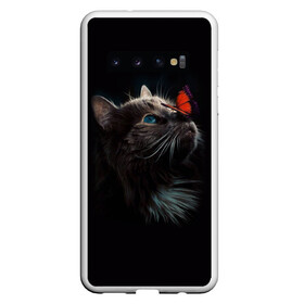 Чехол для Samsung Galaxy S10 с принтом Котик и бабочка в Кировске, Силикон | Область печати: задняя сторона чехла, без боковых панелей | Тематика изображения на принте: бабочка | бабочка на носу | животные | кот | котенок | кошка