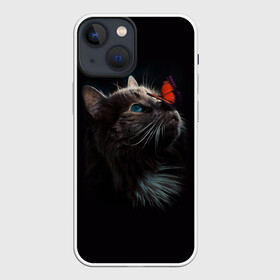 Чехол для iPhone 13 mini с принтом Котик и бабочка в Кировске,  |  | бабочка | бабочка на носу | животные | кот | котенок | кошка