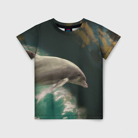 Детская футболка 3D с принтом Дельфин в облаках в Кировске, 100% гипоаллергенный полиэфир | прямой крой, круглый вырез горловины, длина до линии бедер, чуть спущенное плечо, ткань немного тянется | дельфин | облака | плавник | полет | свобода