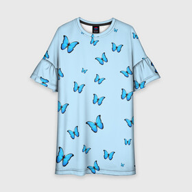 Детское платье 3D с принтом Синие бабочки в Кировске, 100% полиэстер | прямой силуэт, чуть расширенный к низу. Круглая горловина, на рукавах — воланы | blue | butterfly | emoji | smile | бабочки | насекомые | эмоджи