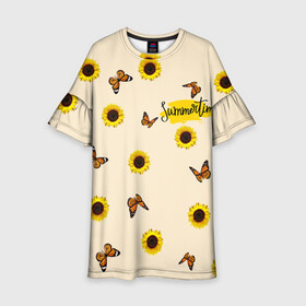 Детское платье 3D с принтом Butterflies and sunflowers в Кировске, 100% полиэстер | прямой силуэт, чуть расширенный к низу. Круглая горловина, на рукавах — воланы | butterfly | summer | sunflower | бабочки | лето | насекомые | подсолнух | цветы