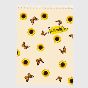 Скетчбук с принтом Butterflies and sunflowers в Кировске, 100% бумага
 | 48 листов, плотность листов — 100 г/м2, плотность картонной обложки — 250 г/м2. Листы скреплены сверху удобной пружинной спиралью | butterfly | summer | sunflower | бабочки | лето | насекомые | подсолнух | цветы