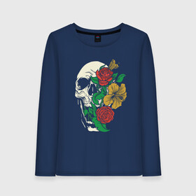 Женский лонгслив хлопок с принтом Floral Roses Skull  в Кировске, 100% хлопок |  | bones | cranium | flower | flowers | gothic | merch | rose | skeleton | skull merch | tattoo | букет | готика | кости | мерч | мистика | рисунок черепа | роза | розы | скелет | татуировка | ужасы | флора | цветы | чайные розы | череп | черепа с