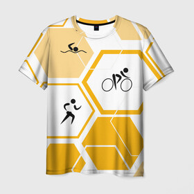 Мужская футболка 3D с принтом Триатлон / Triathlon в Кировске, 100% полиэфир | прямой крой, круглый вырез горловины, длина до линии бедер | ironman | tri | triathlon | бег | велосипед | велоспорт | выносливость | мультиспорт | плавание | сила | скорость | соты | спорт | три | триатлон | троеборье | цикличный