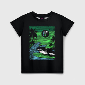 Детская футболка 3D с принтом Surf shark в Кировске, 100% гипоаллергенный полиэфир | прямой крой, круглый вырез горловины, длина до линии бедер, чуть спущенное плечо, ткань немного тянется | Тематика изображения на принте: shark | акула | вода | море | океан | остров | отпуск | пальмы | серфинг
