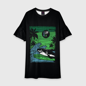 Детское платье 3D с принтом Surf shark в Кировске, 100% полиэстер | прямой силуэт, чуть расширенный к низу. Круглая горловина, на рукавах — воланы | Тематика изображения на принте: shark | акула | вода | море | океан | остров | отпуск | пальмы | серфинг