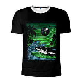 Мужская футболка 3D спортивная с принтом Surf shark в Кировске, 100% полиэстер с улучшенными характеристиками | приталенный силуэт, круглая горловина, широкие плечи, сужается к линии бедра | shark | акула | вода | море | океан | остров | отпуск | пальмы | серфинг