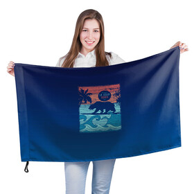Флаг 3D с принтом Медведь на серфинге в Кировске, 100% полиэстер | плотность ткани — 95 г/м2, размер — 67 х 109 см. Принт наносится с одной стороны | волны | закат | медведь | море | океан | отдых | отпуск | пальмы | серфинг
